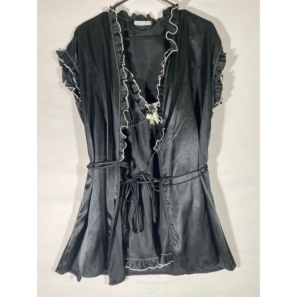 VTG Seductive Wear by Cinema Elle Black Satin Ruffle Robe/Baby Doll Gown Set S/M